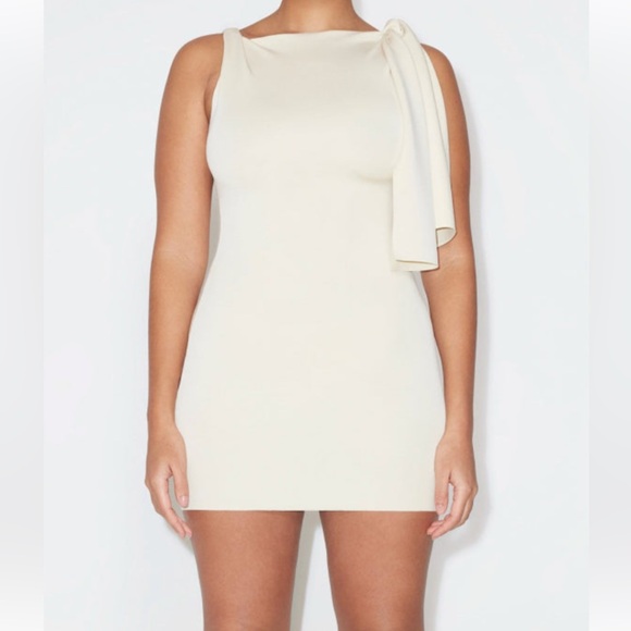 Cream Sueded Stretch Knotted Mini Dress - Picture 2 of 4